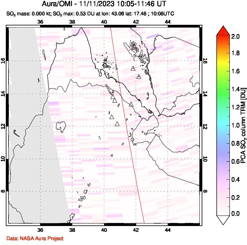 A sulfur dioxide image over Afar and southern Red Sea on Nov 11, 2023.