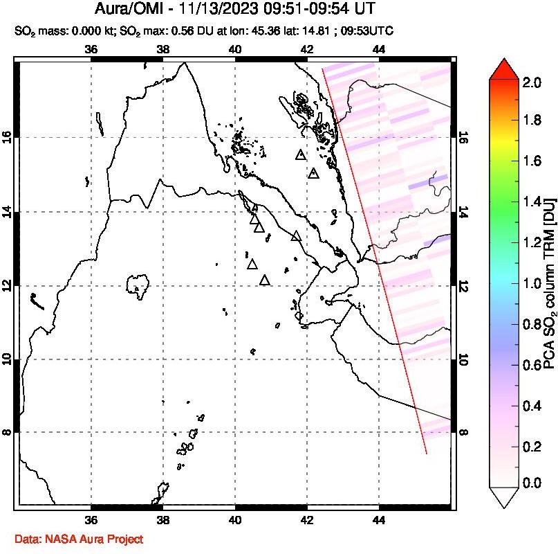 A sulfur dioxide image over Afar and southern Red Sea on Nov 13, 2023.