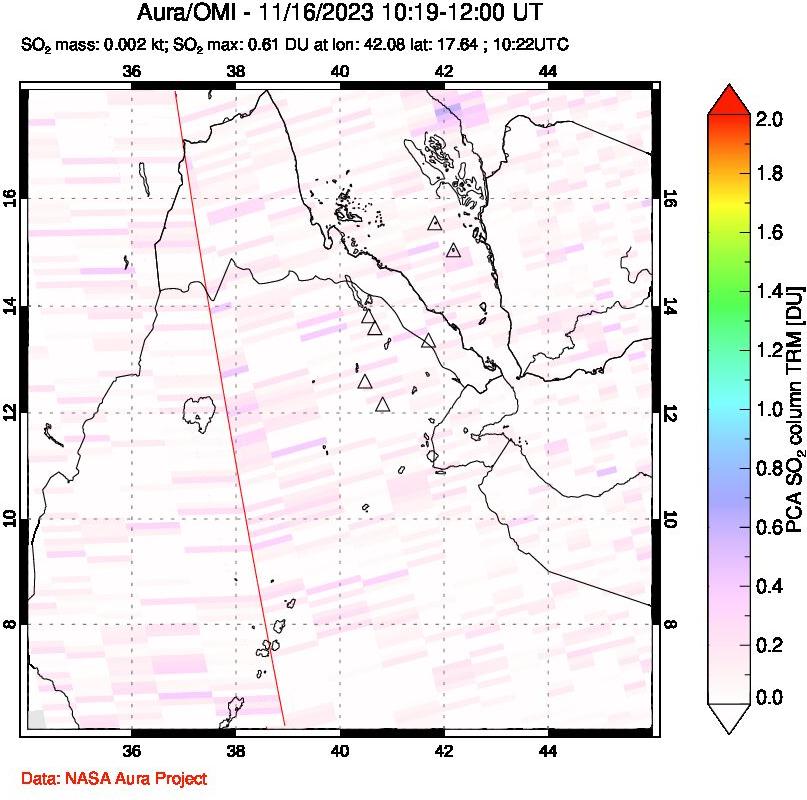 A sulfur dioxide image over Afar and southern Red Sea on Nov 16, 2023.