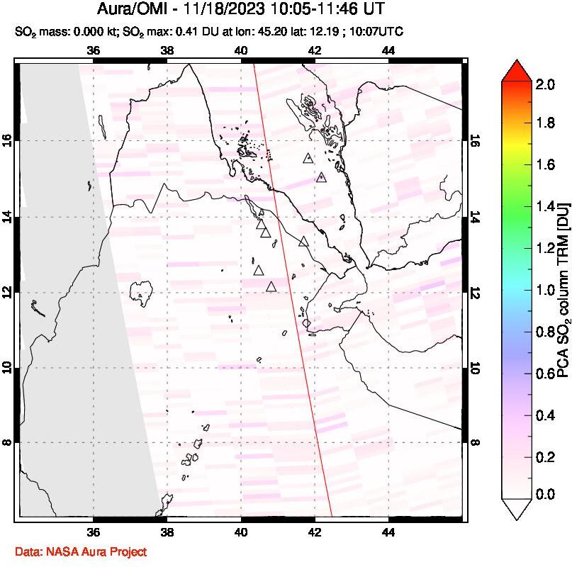 A sulfur dioxide image over Afar and southern Red Sea on Nov 18, 2023.