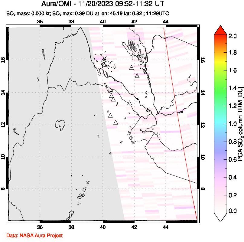 A sulfur dioxide image over Afar and southern Red Sea on Nov 20, 2023.