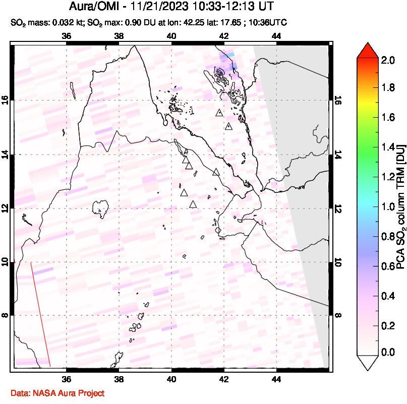 A sulfur dioxide image over Afar and southern Red Sea on Nov 21, 2023.