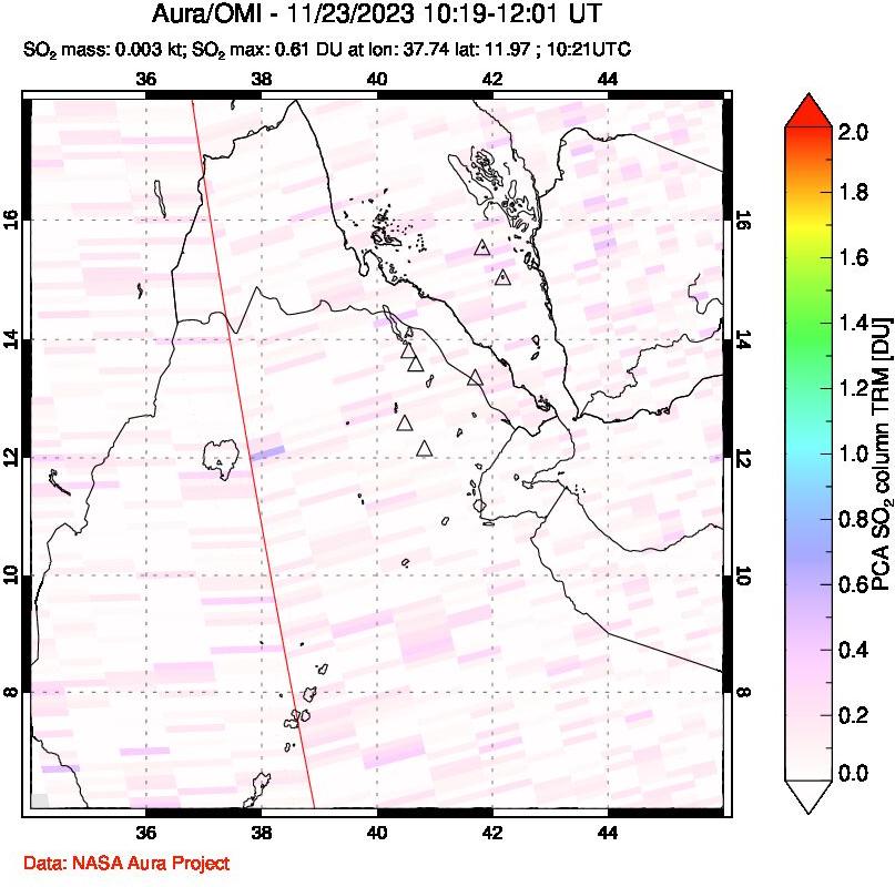 A sulfur dioxide image over Afar and southern Red Sea on Nov 23, 2023.