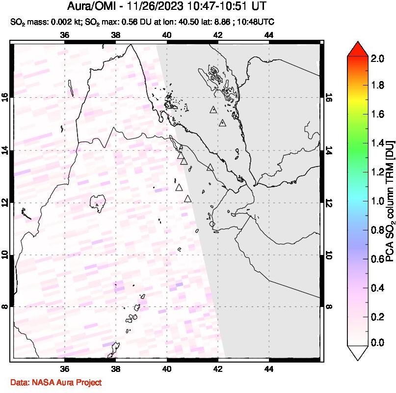 A sulfur dioxide image over Afar and southern Red Sea on Nov 26, 2023.