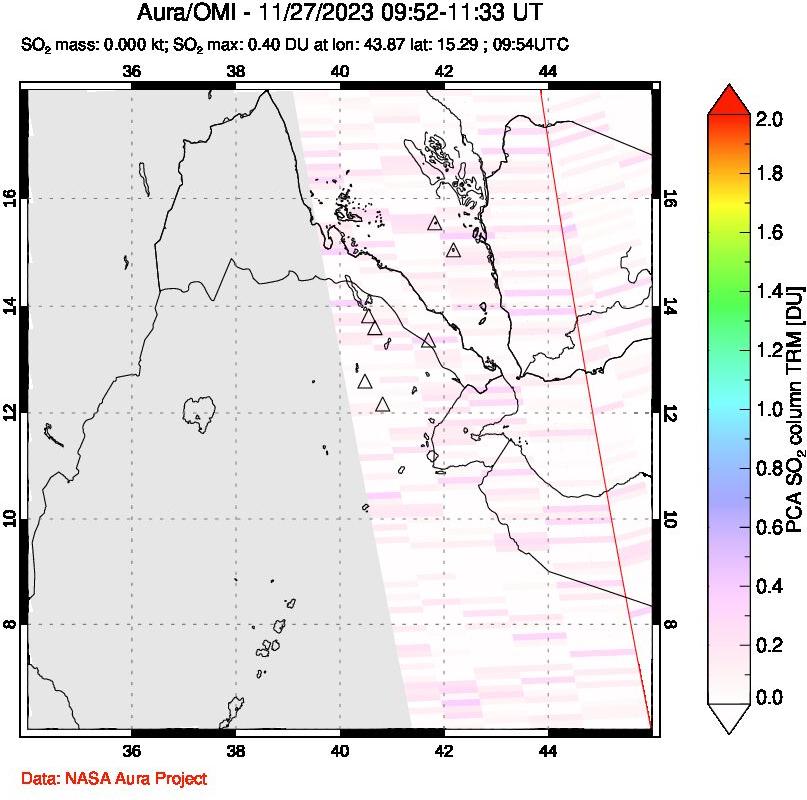 A sulfur dioxide image over Afar and southern Red Sea on Nov 27, 2023.