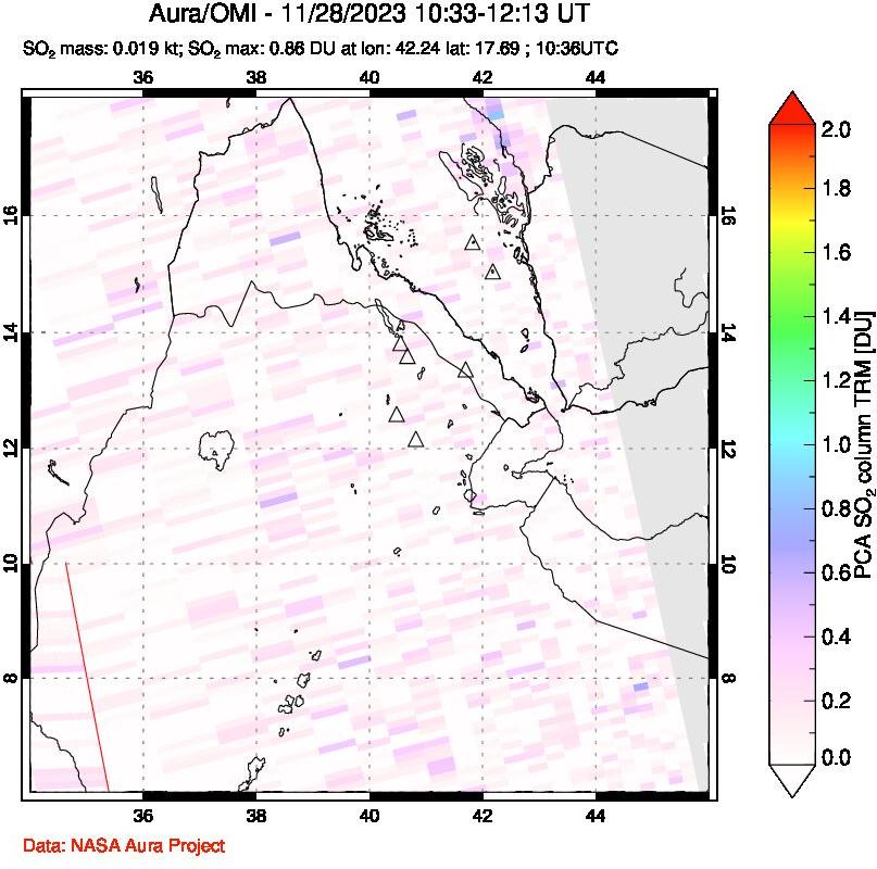 A sulfur dioxide image over Afar and southern Red Sea on Nov 28, 2023.