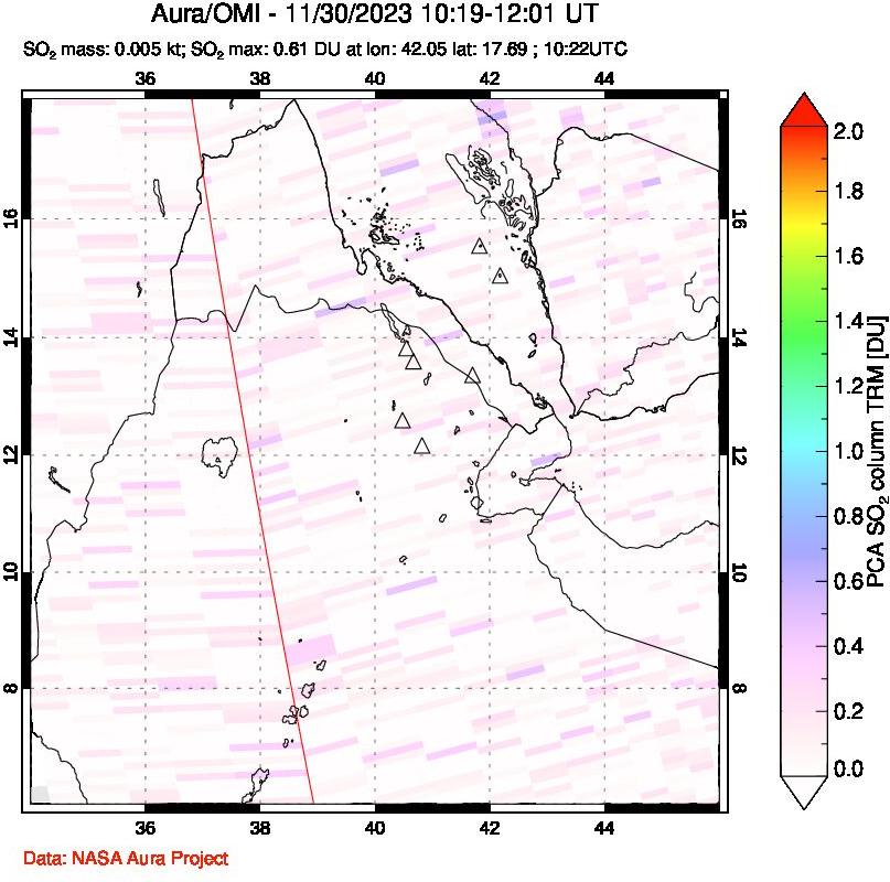 A sulfur dioxide image over Afar and southern Red Sea on Nov 30, 2023.