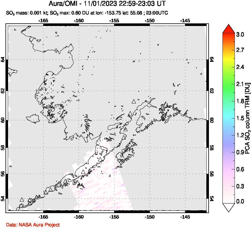 A sulfur dioxide image over Alaska, USA on Nov 01, 2023.