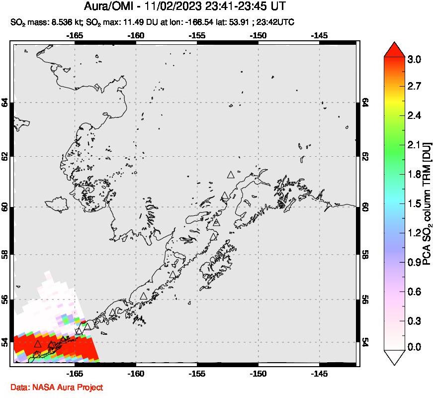 A sulfur dioxide image over Alaska, USA on Nov 02, 2023.