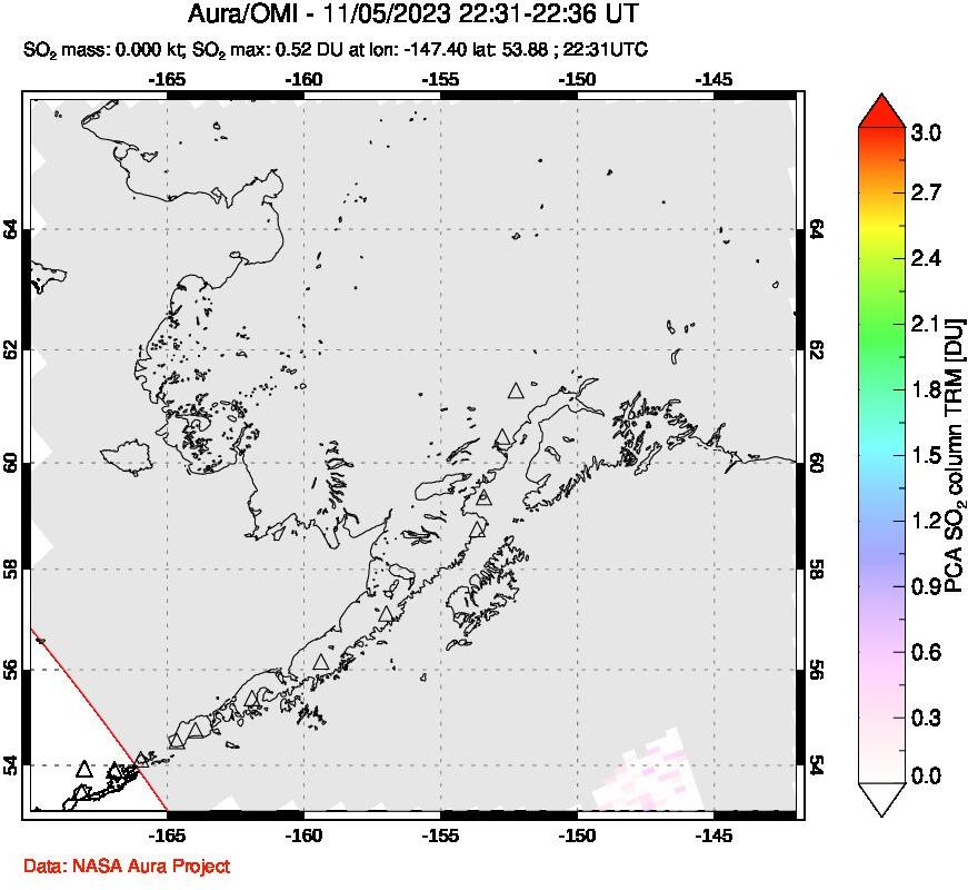 A sulfur dioxide image over Alaska, USA on Nov 05, 2023.