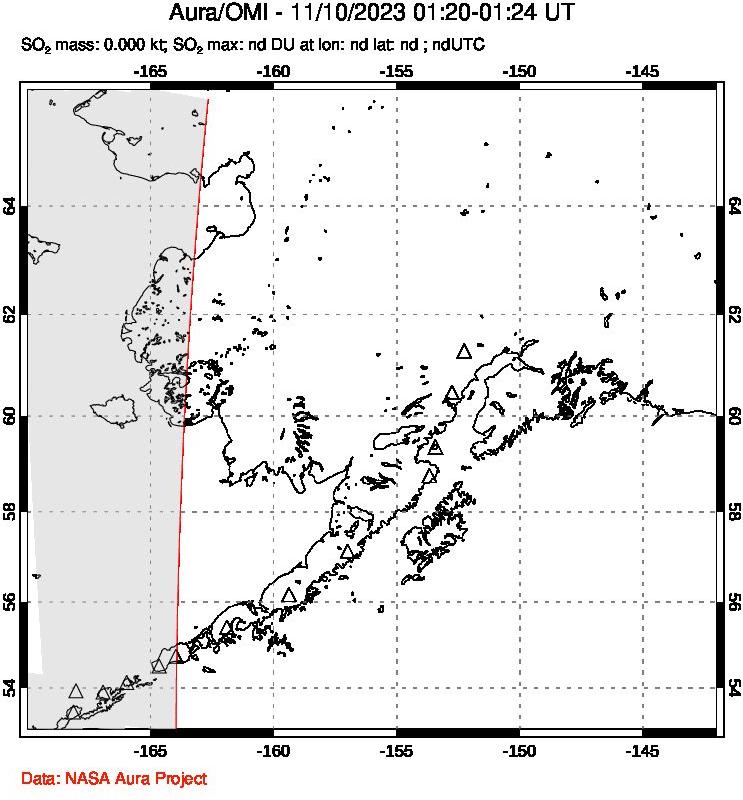 A sulfur dioxide image over Alaska, USA on Nov 10, 2023.