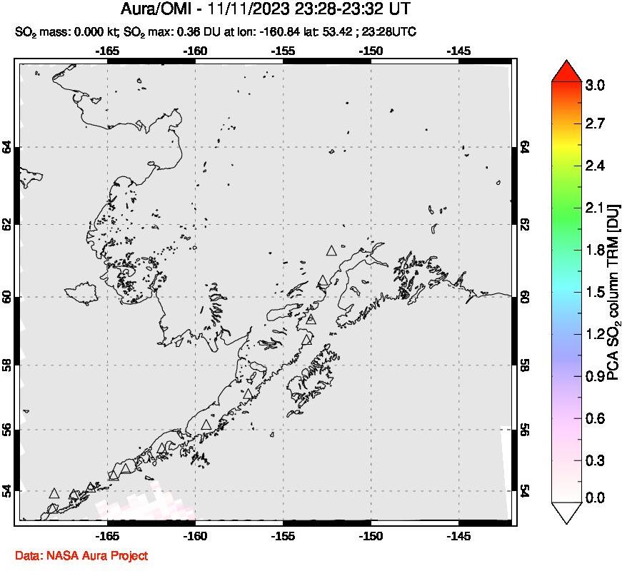 A sulfur dioxide image over Alaska, USA on Nov 11, 2023.