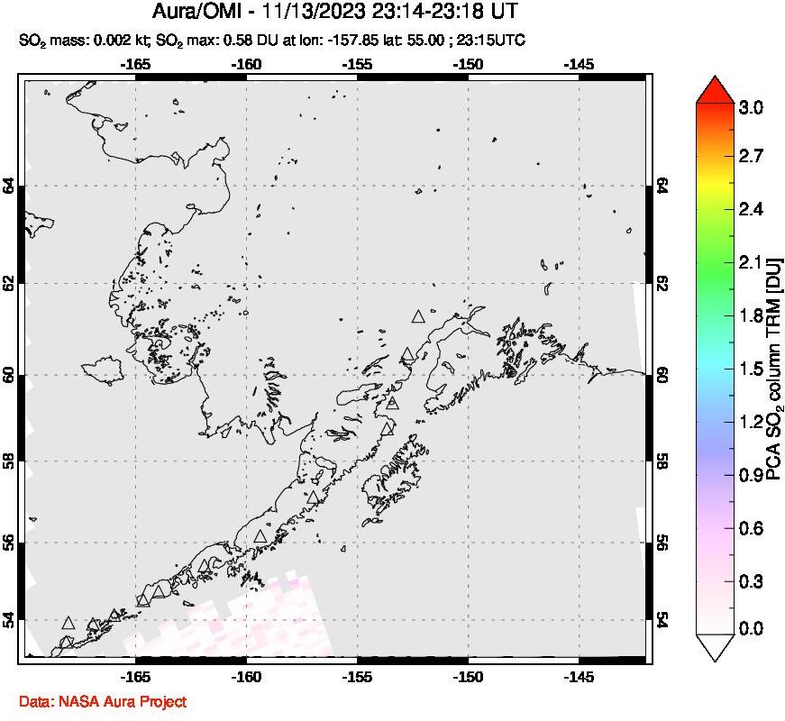 A sulfur dioxide image over Alaska, USA on Nov 13, 2023.