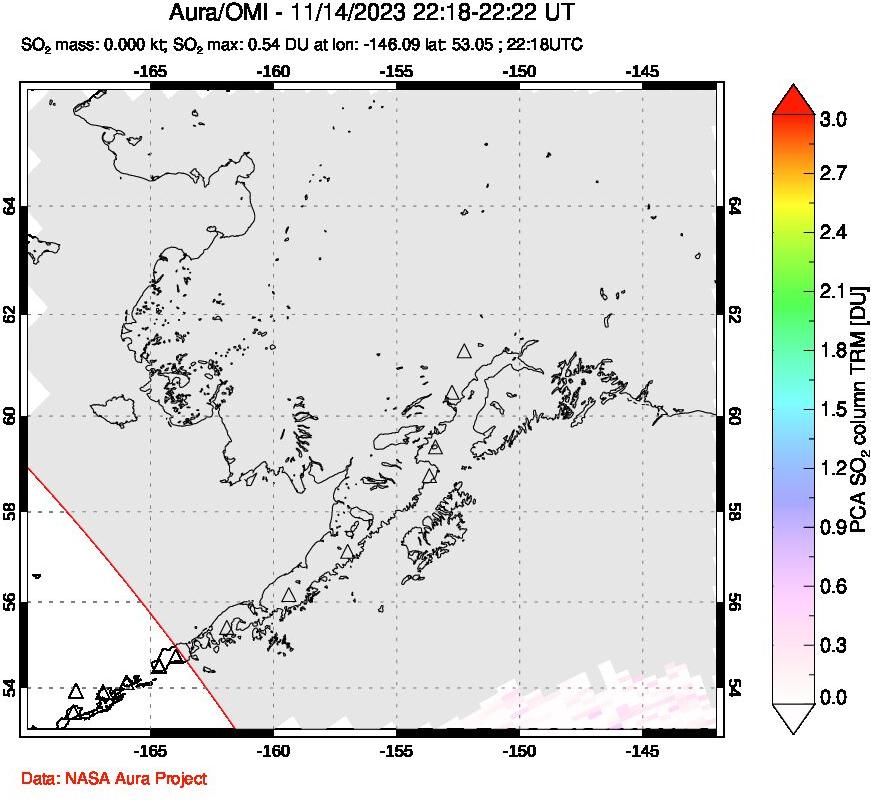 A sulfur dioxide image over Alaska, USA on Nov 14, 2023.