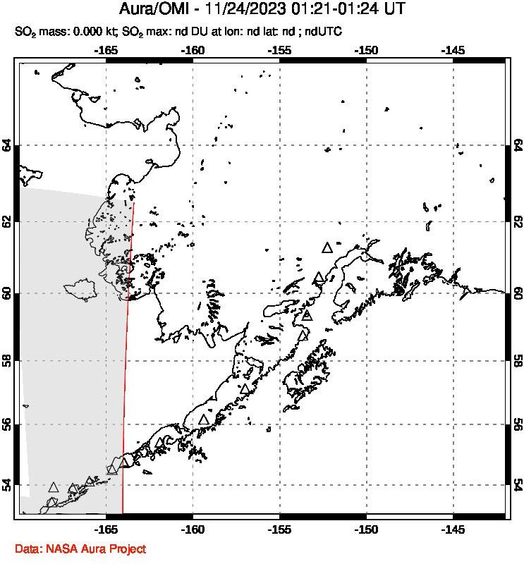 A sulfur dioxide image over Alaska, USA on Nov 24, 2023.