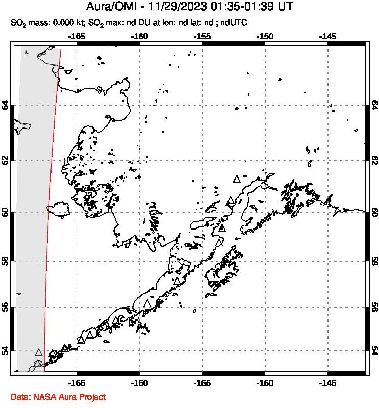 A sulfur dioxide image over Alaska, USA on Nov 29, 2023.