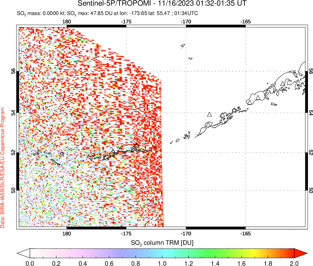 A sulfur dioxide image over Aleutian Islands, Alaska, USA on Nov 16, 2023.