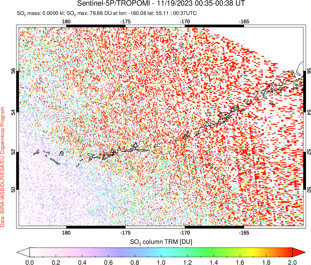 A sulfur dioxide image over Aleutian Islands, Alaska, USA on Nov 19, 2023.