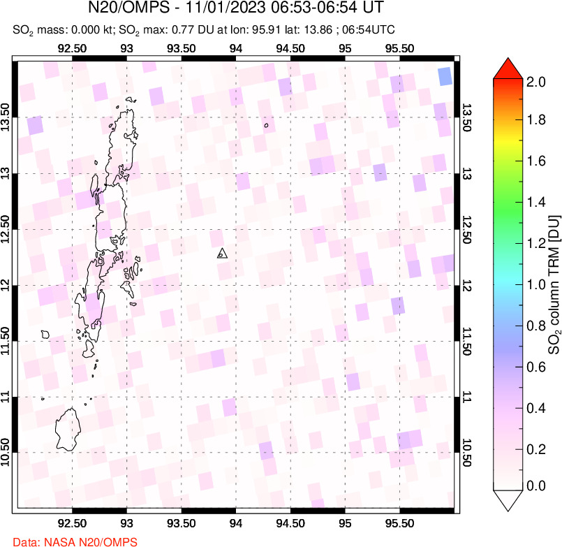 A sulfur dioxide image over Andaman Islands, Indian Ocean on Nov 01, 2023.