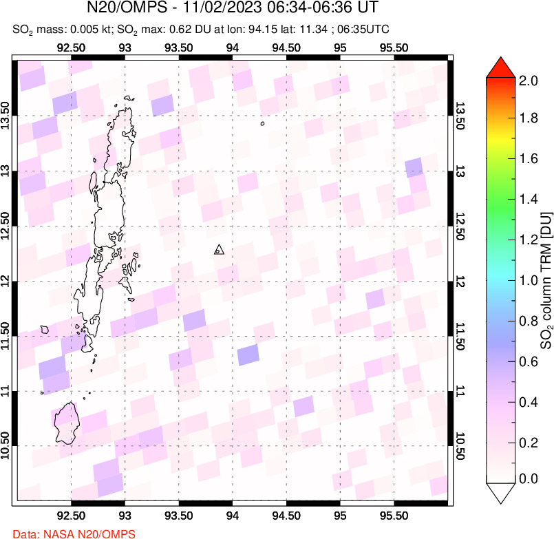 A sulfur dioxide image over Andaman Islands, Indian Ocean on Nov 02, 2023.