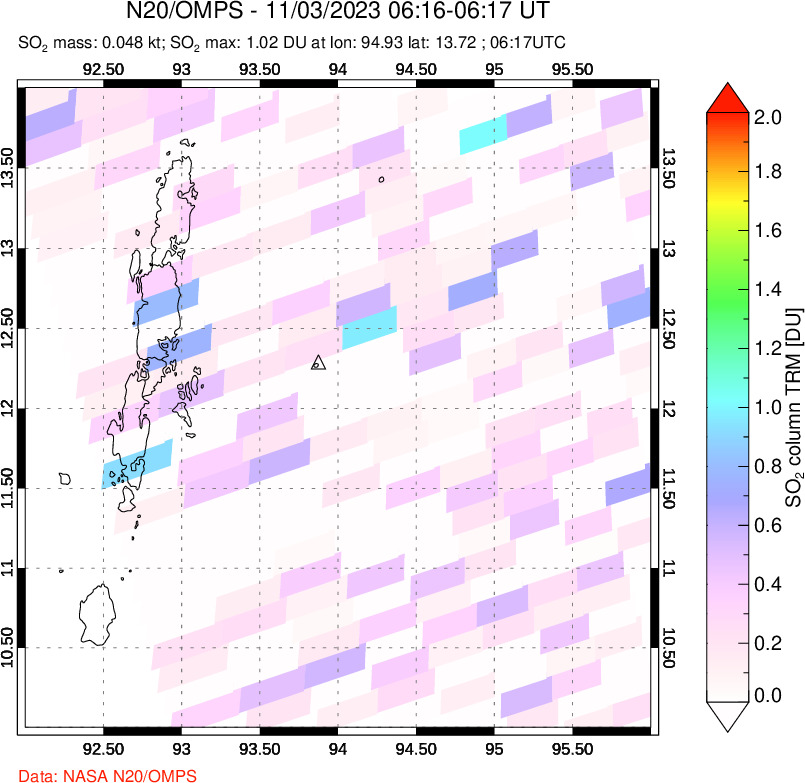 A sulfur dioxide image over Andaman Islands, Indian Ocean on Nov 03, 2023.