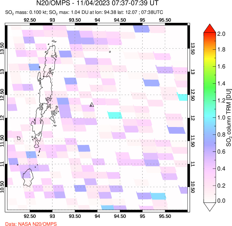 A sulfur dioxide image over Andaman Islands, Indian Ocean on Nov 04, 2023.