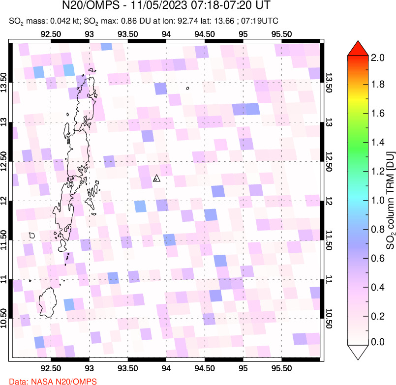 A sulfur dioxide image over Andaman Islands, Indian Ocean on Nov 05, 2023.