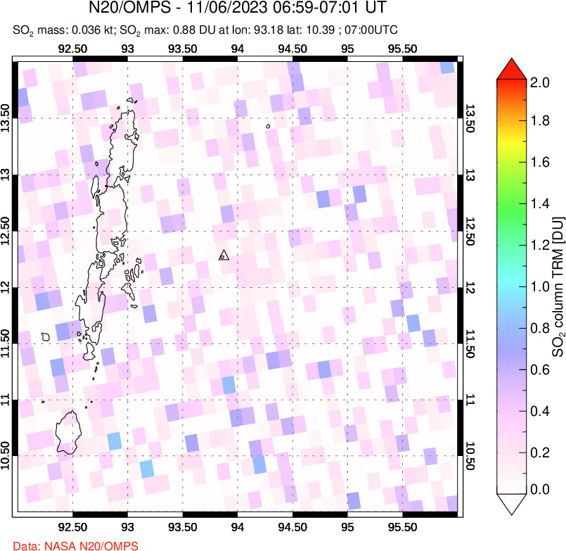 A sulfur dioxide image over Andaman Islands, Indian Ocean on Nov 06, 2023.