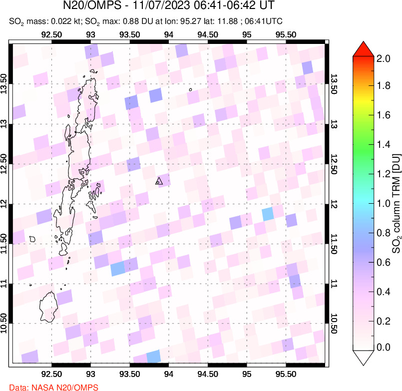 A sulfur dioxide image over Andaman Islands, Indian Ocean on Nov 07, 2023.