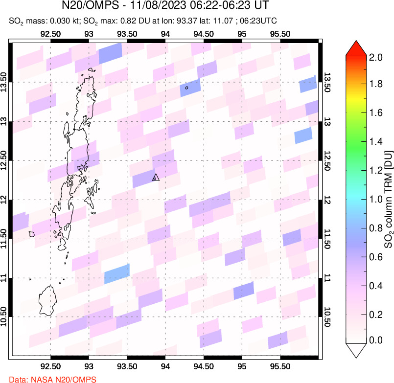 A sulfur dioxide image over Andaman Islands, Indian Ocean on Nov 08, 2023.