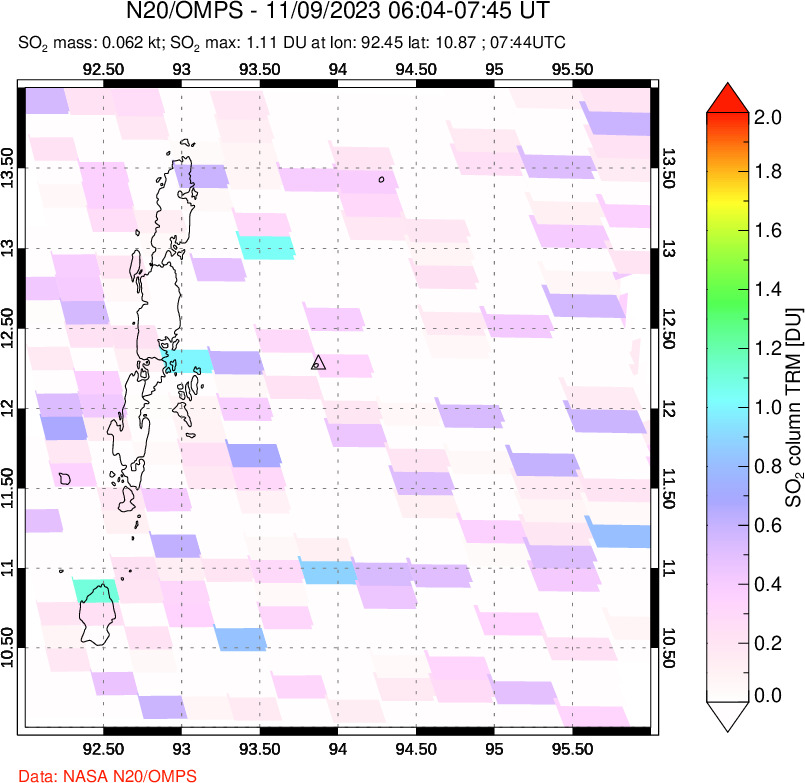 A sulfur dioxide image over Andaman Islands, Indian Ocean on Nov 09, 2023.