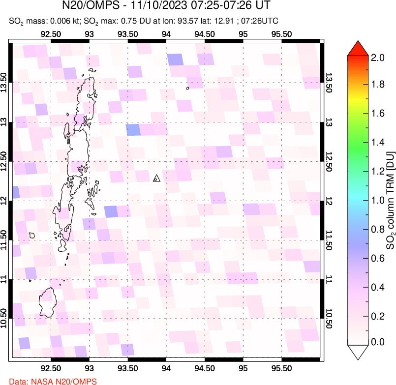 A sulfur dioxide image over Andaman Islands, Indian Ocean on Nov 10, 2023.