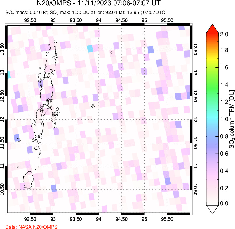 A sulfur dioxide image over Andaman Islands, Indian Ocean on Nov 11, 2023.