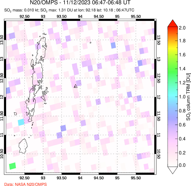 A sulfur dioxide image over Andaman Islands, Indian Ocean on Nov 12, 2023.