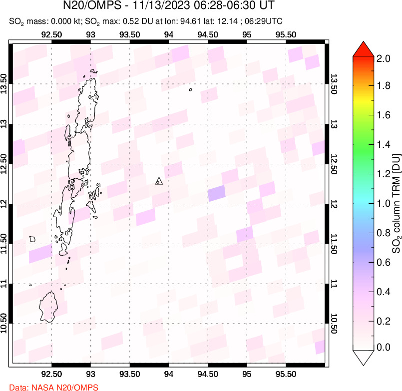 A sulfur dioxide image over Andaman Islands, Indian Ocean on Nov 13, 2023.