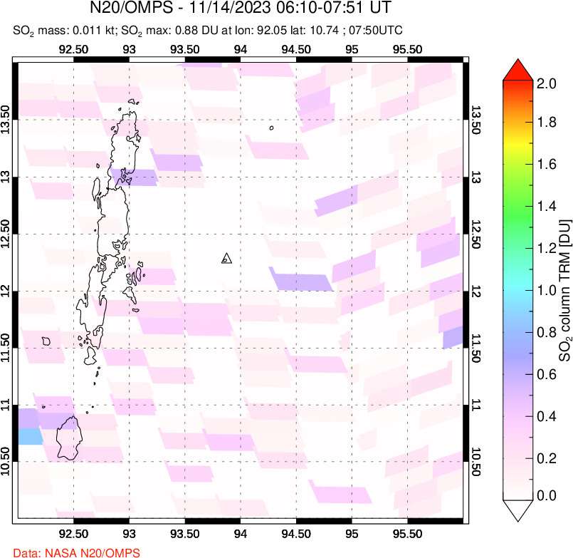 A sulfur dioxide image over Andaman Islands, Indian Ocean on Nov 14, 2023.