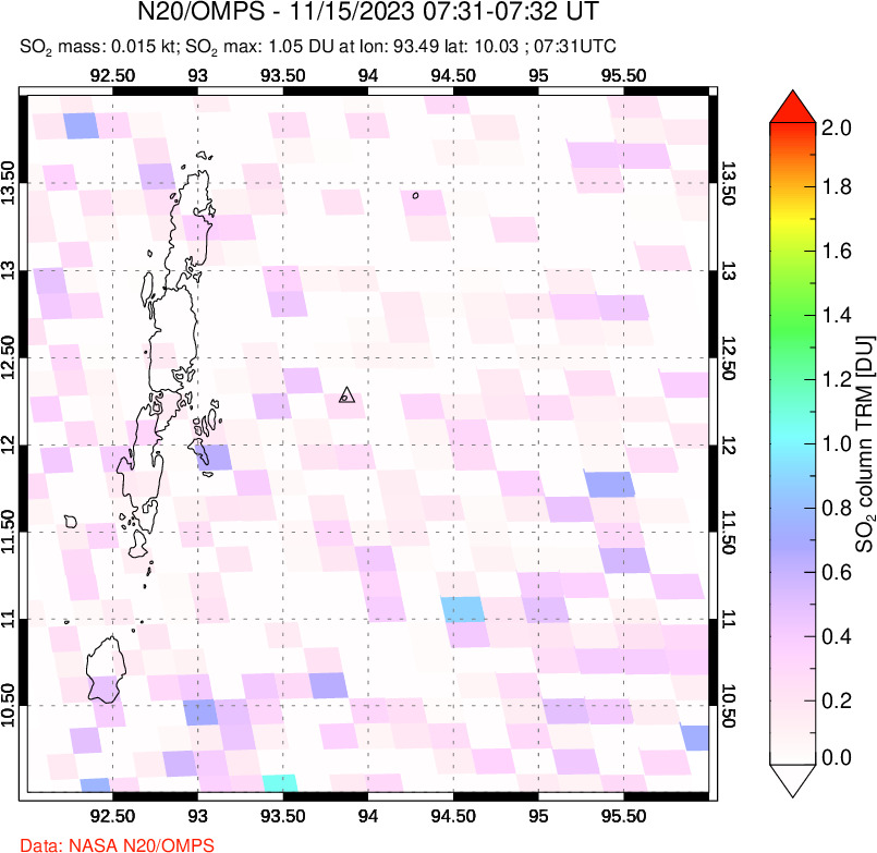 A sulfur dioxide image over Andaman Islands, Indian Ocean on Nov 15, 2023.