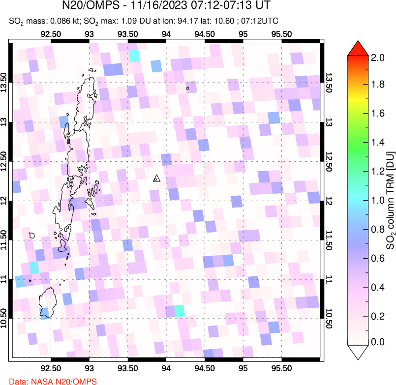 A sulfur dioxide image over Andaman Islands, Indian Ocean on Nov 16, 2023.