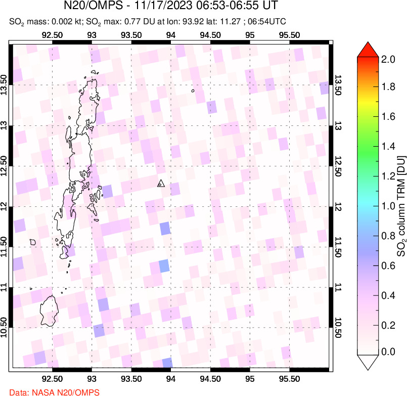 A sulfur dioxide image over Andaman Islands, Indian Ocean on Nov 17, 2023.