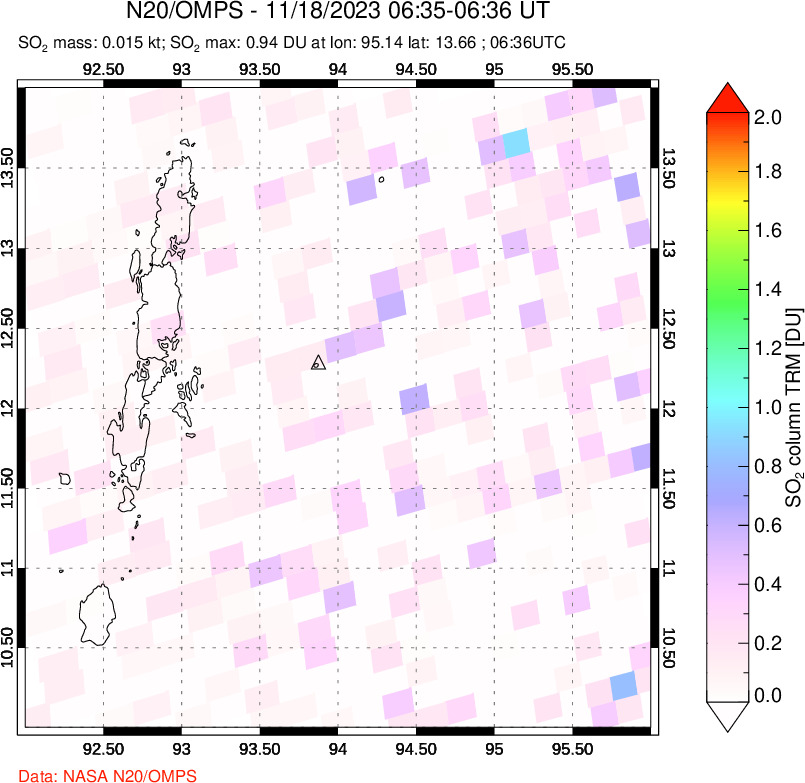 A sulfur dioxide image over Andaman Islands, Indian Ocean on Nov 18, 2023.