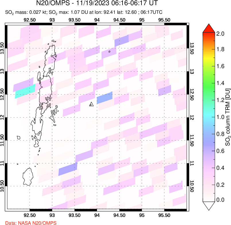 A sulfur dioxide image over Andaman Islands, Indian Ocean on Nov 19, 2023.