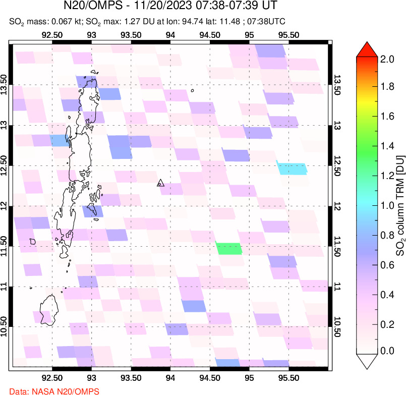 A sulfur dioxide image over Andaman Islands, Indian Ocean on Nov 20, 2023.