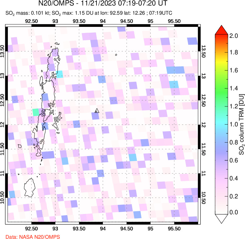 A sulfur dioxide image over Andaman Islands, Indian Ocean on Nov 21, 2023.