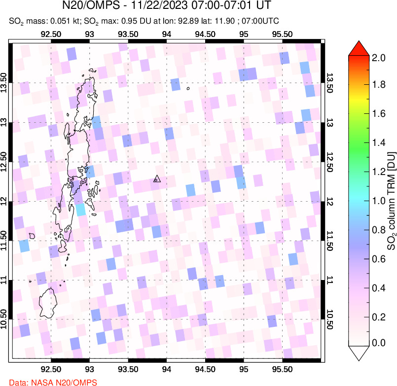 A sulfur dioxide image over Andaman Islands, Indian Ocean on Nov 22, 2023.