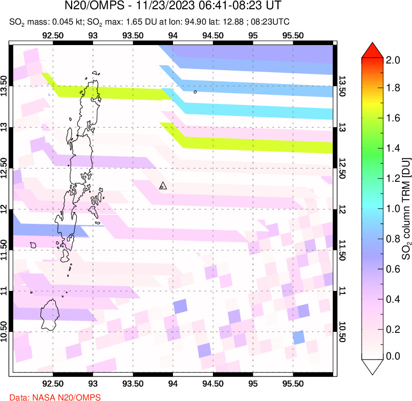 A sulfur dioxide image over Andaman Islands, Indian Ocean on Nov 23, 2023.