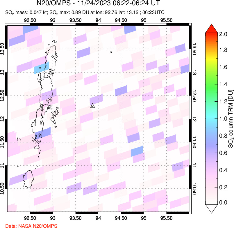 A sulfur dioxide image over Andaman Islands, Indian Ocean on Nov 24, 2023.