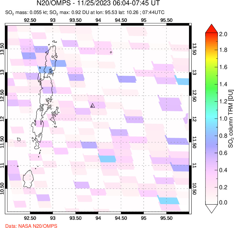 A sulfur dioxide image over Andaman Islands, Indian Ocean on Nov 25, 2023.