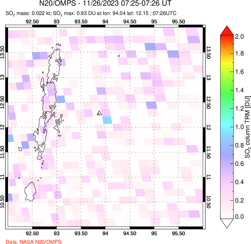 A sulfur dioxide image over Andaman Islands, Indian Ocean on Nov 26, 2023.