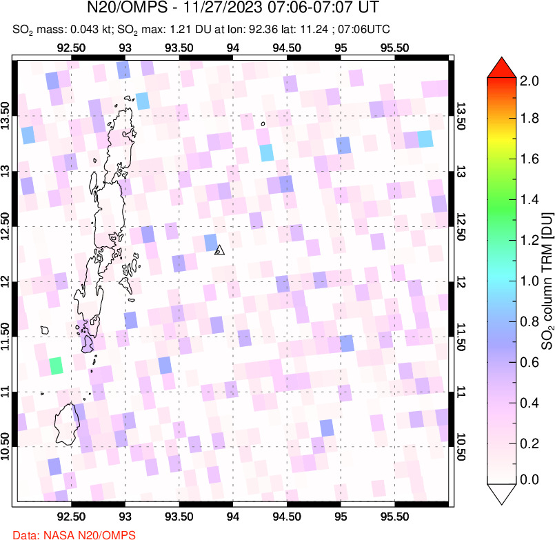 A sulfur dioxide image over Andaman Islands, Indian Ocean on Nov 27, 2023.