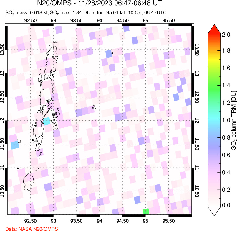 A sulfur dioxide image over Andaman Islands, Indian Ocean on Nov 28, 2023.